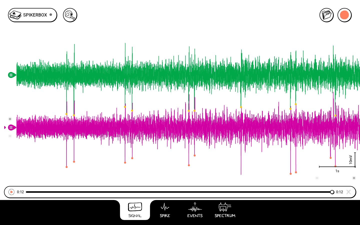 Spike Recorder in light mode playing back a two-channel earthworm nerve recording