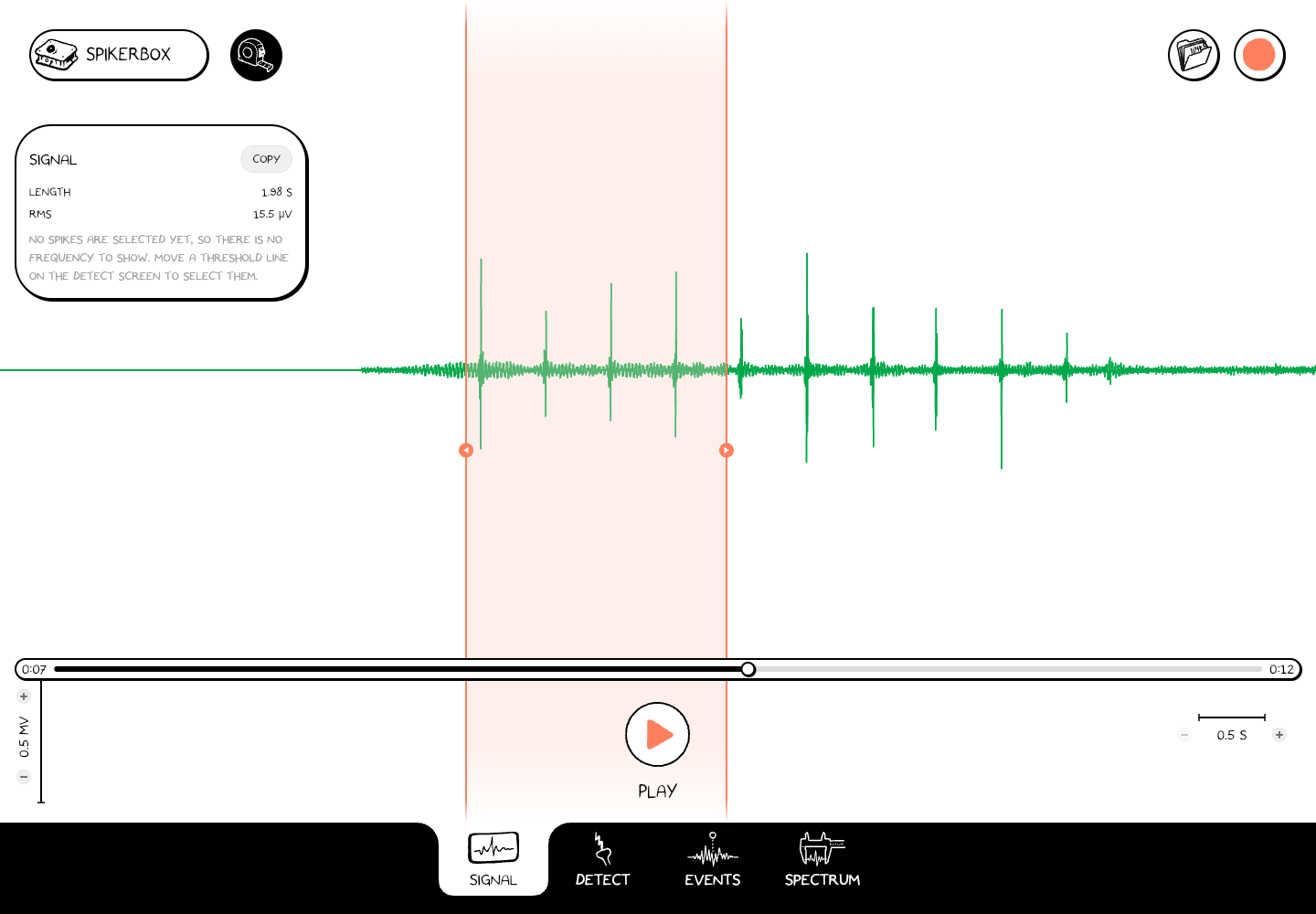 Current Spike Recorder measurement panel showing Length, RMS and Copy beside a selected waveform interval.